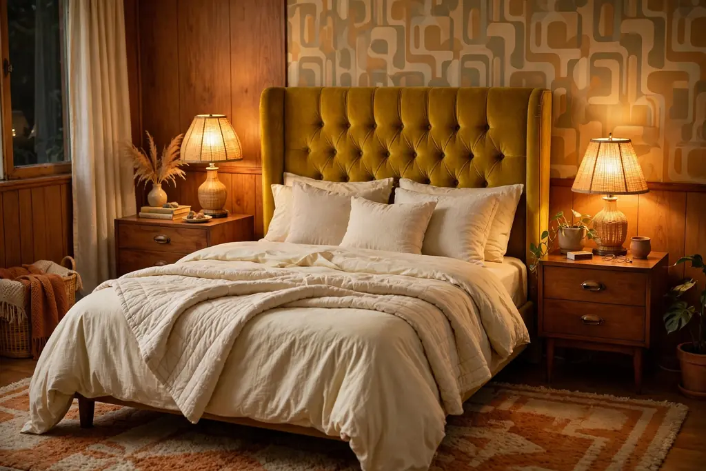 Bedroom with a mustard velvet headboard and pale bedding.