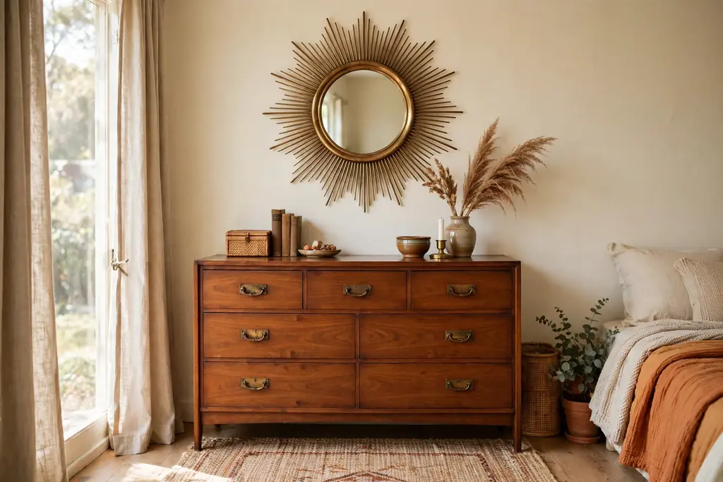 Bedroom dresser with a round sunburst mirror in brass above it.