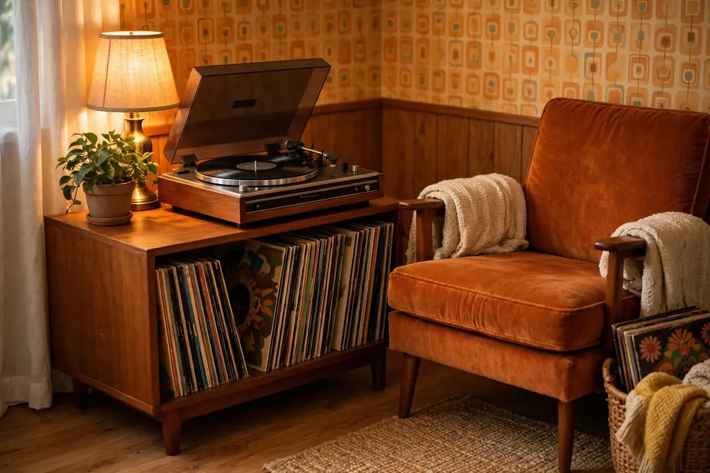 Bedroom corner with a record player on a low wood stand and a chair nearby.
