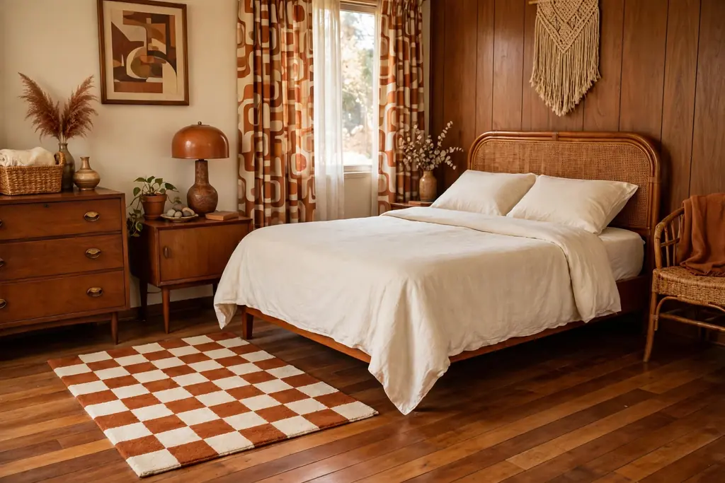 Bedroom with a checkerboard rug in cream and rust beside a bed.