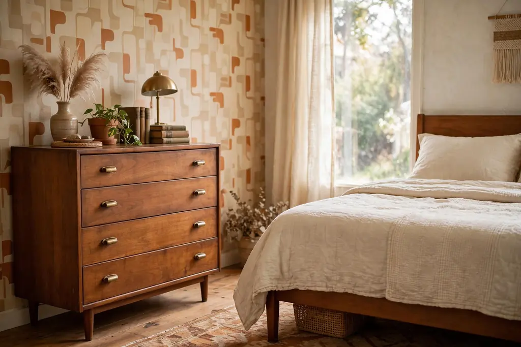 Bedroom with a warm wood dresser with brass pulls beside a bed.