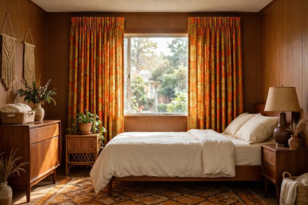 Bedroom window with bold retro print curtains and plain bedding.