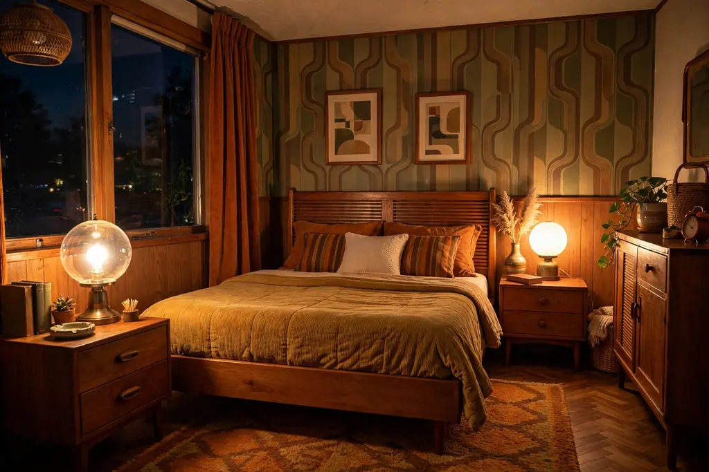 Bedroom at night with globe lamps glowing warm light beside a bed.