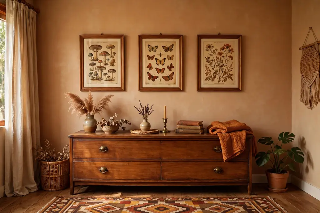 Bedroom wall with framed vintage style prints in matching frames above a dresser.