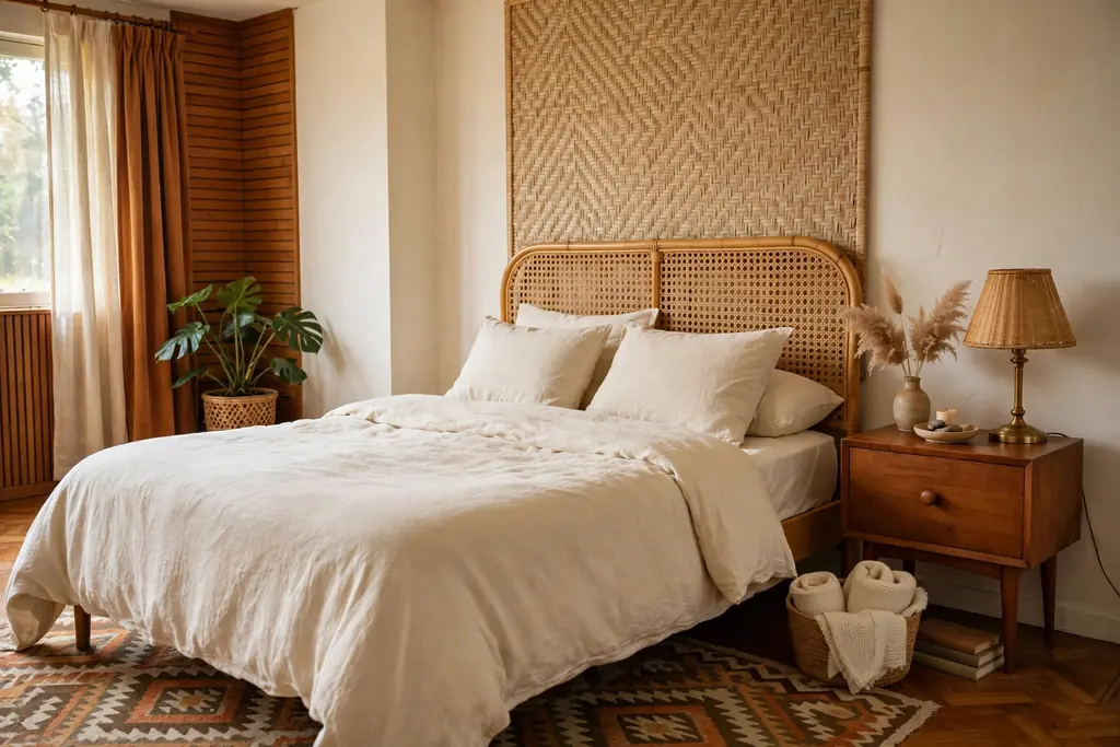 Bedroom with a rattan cane headboard and cream bedding.