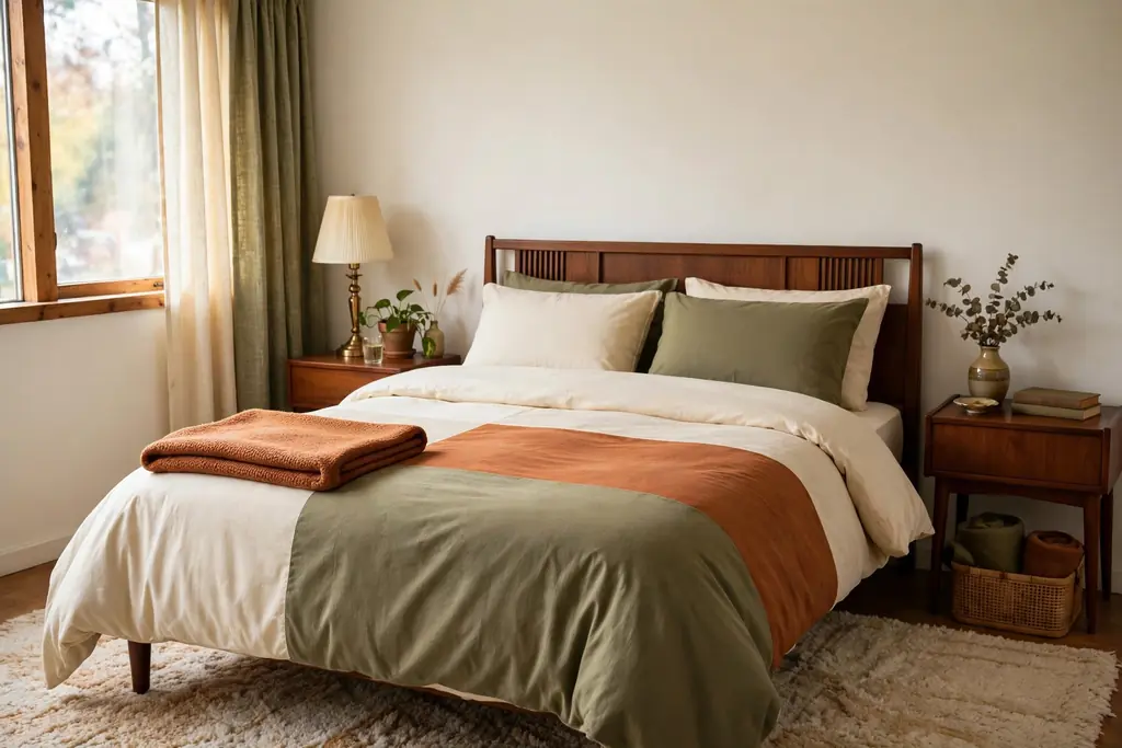 Bed with color blocked bedding in cream