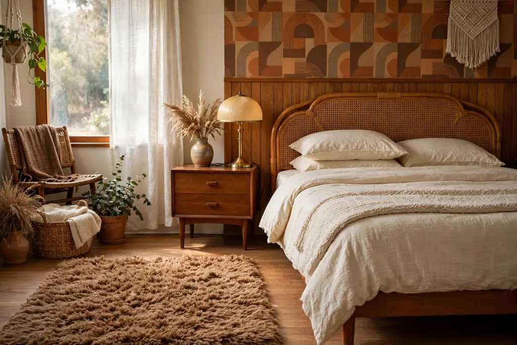 Bedroom with a thick shag rug in warm brown beside a bed.