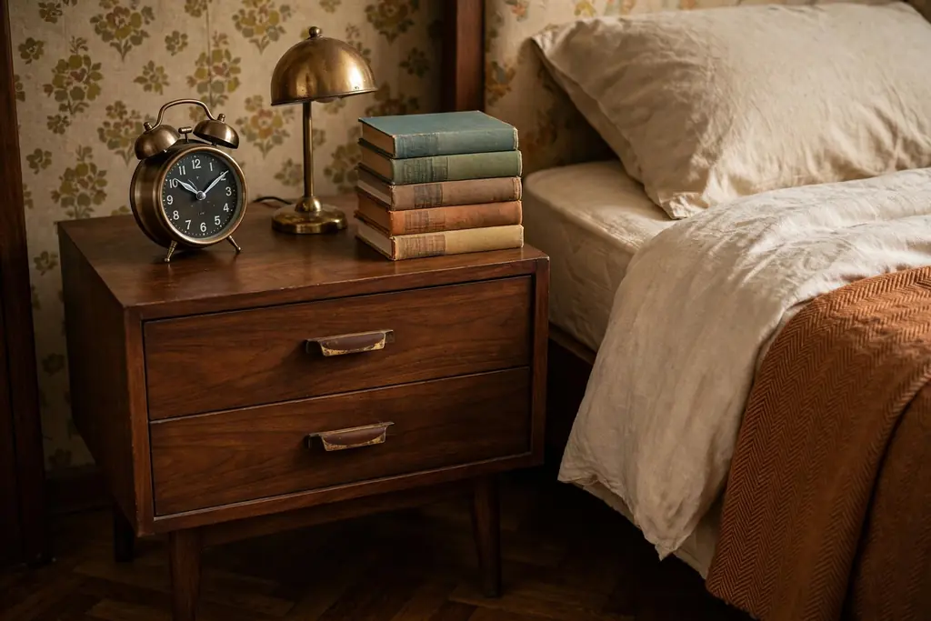 Bedroom nightstand styled with a round alarm clock