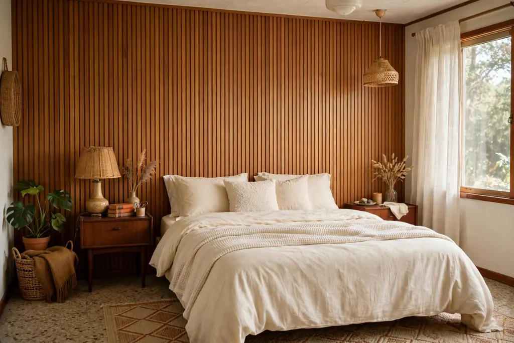 Bedroom bed wall with vertical warm wood slats behind a bed.