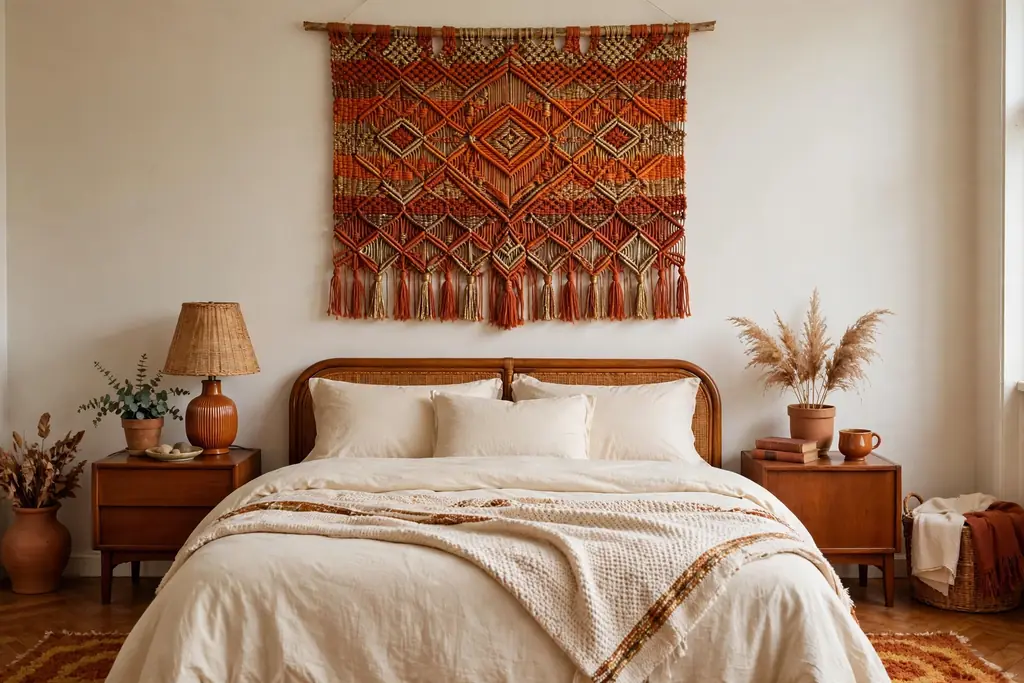 Bedroom wall with a woven wall hanging in warm tones above a bed.