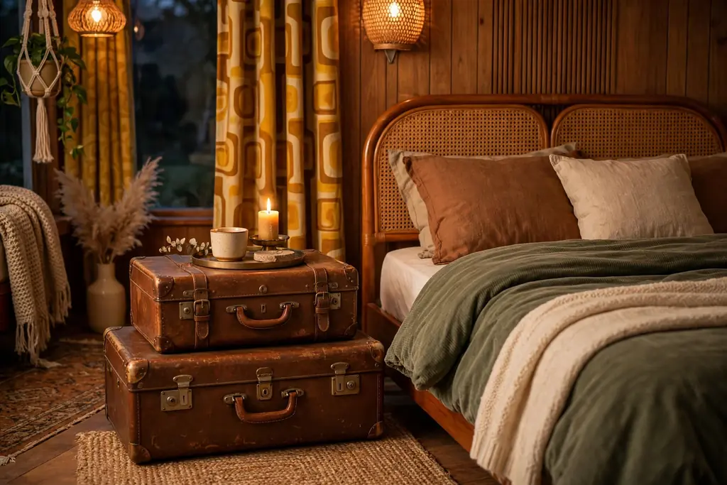 Bedroom with stacked vintage suitcases used as a nightstand beside a bed.