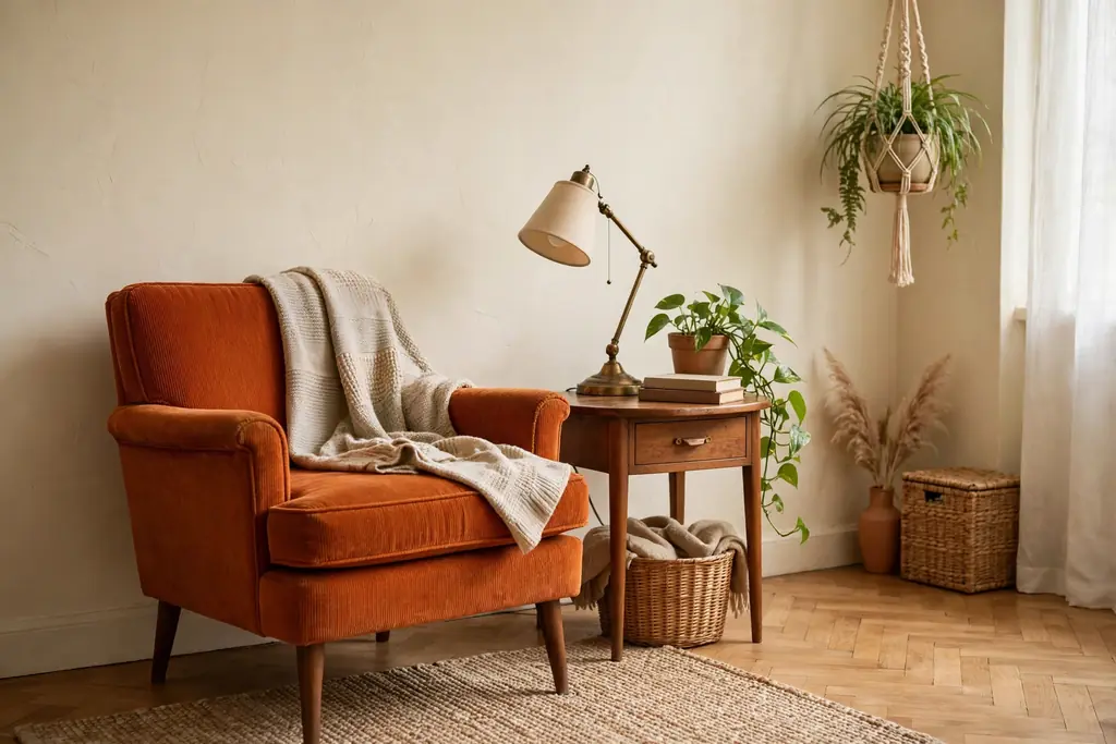 Bedroom corner with a burnt orange armchair