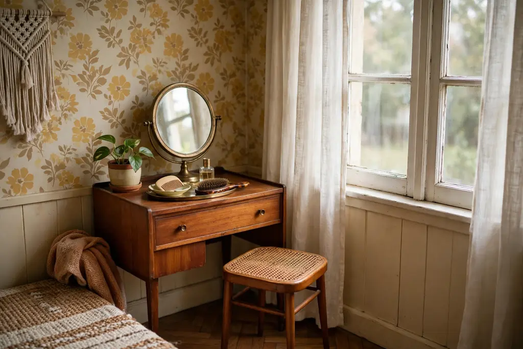 Bedroom corner vanity with a round brass mirror