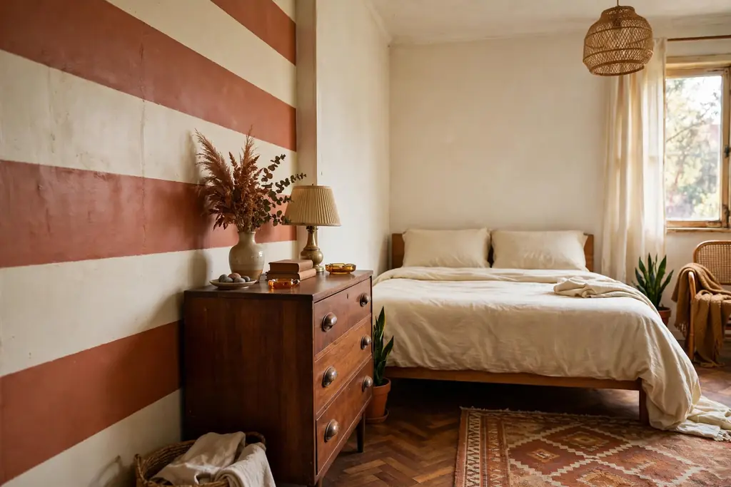 Bedroom narrow wall painted with wide horizontal stripes in cream and rust.