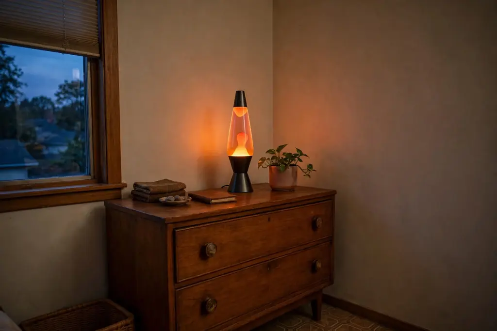 Bedroom corner with a lava lamp glowing on a dresser beside a small plant.