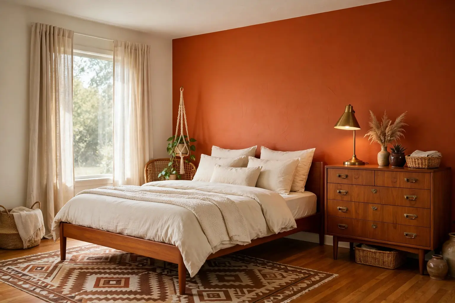 Wide retro bedroom with a burnt orange accent wall