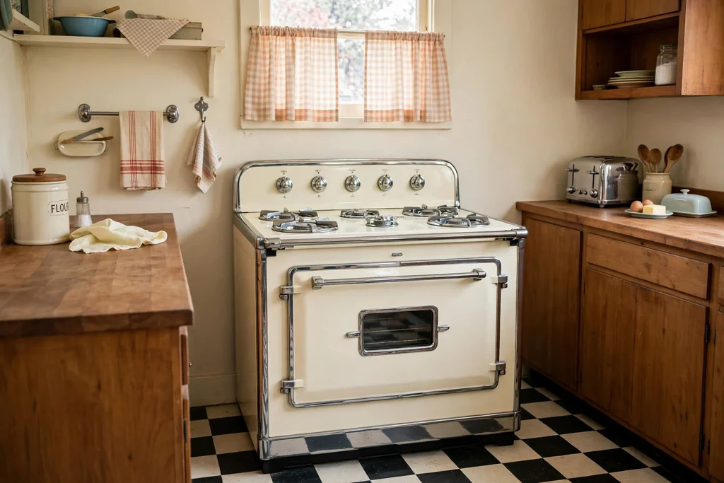 Cream 1950s-style range cooker with chrome trim in a plain retro kitchen.