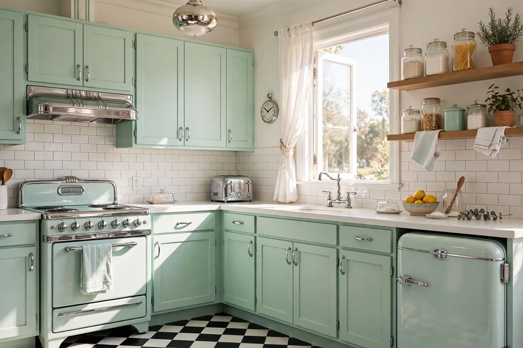 Retro kitchen with mint pastel cabinets, white counters, and chrome hardware.