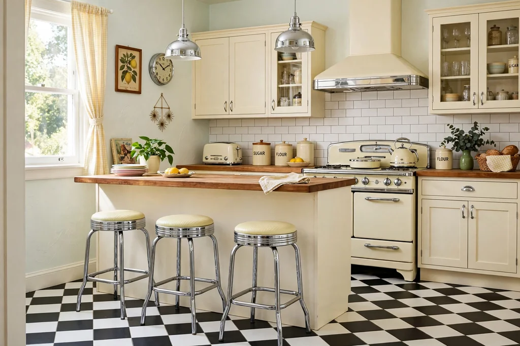 Bright retro kitchen with a black and white checkerboard tile floor and cream cabinets.