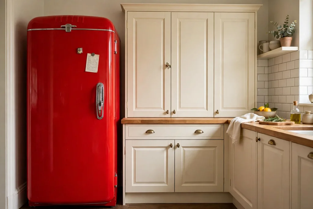 Bold red retro fridge with rounded corners and a chrome handle beside cream cabinets.