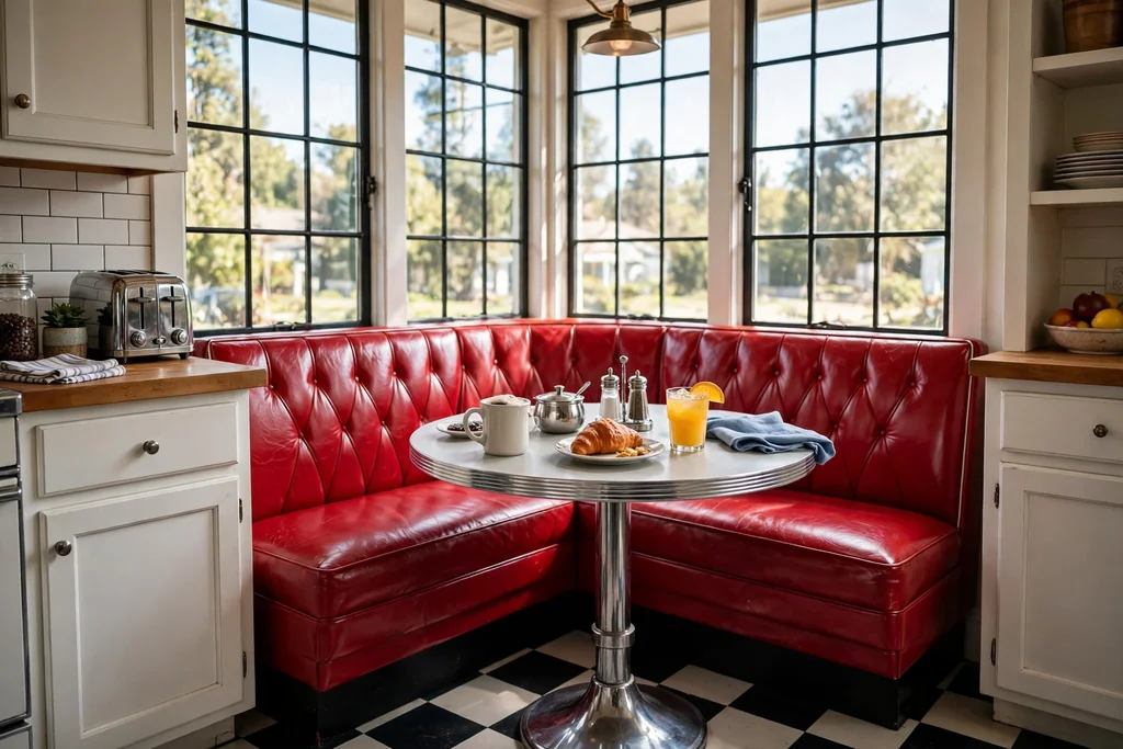 Diner-style breakfast nook with a red vinyl bench seat and a chrome pedestal table by a window.