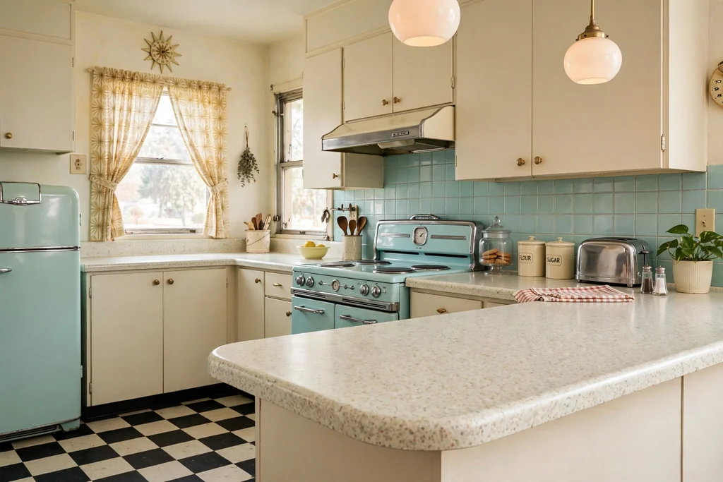 Retro kitchen with speckled laminate counters with a rounded edge and plain cabinets.