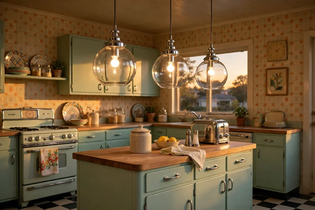 Round glass globe pendant lights with chrome fittings over a retro kitchen island.