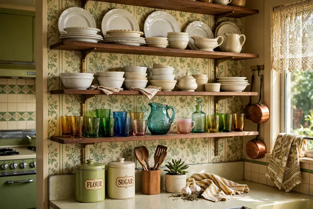 Open kitchen shelves with white and cream vintage dishware and colored glassware.