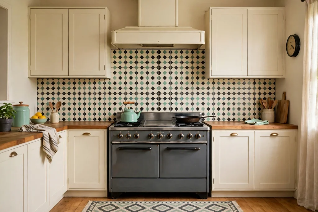 Geometric patterned tile backsplash in cream, mint, and charcoal behind a stove.