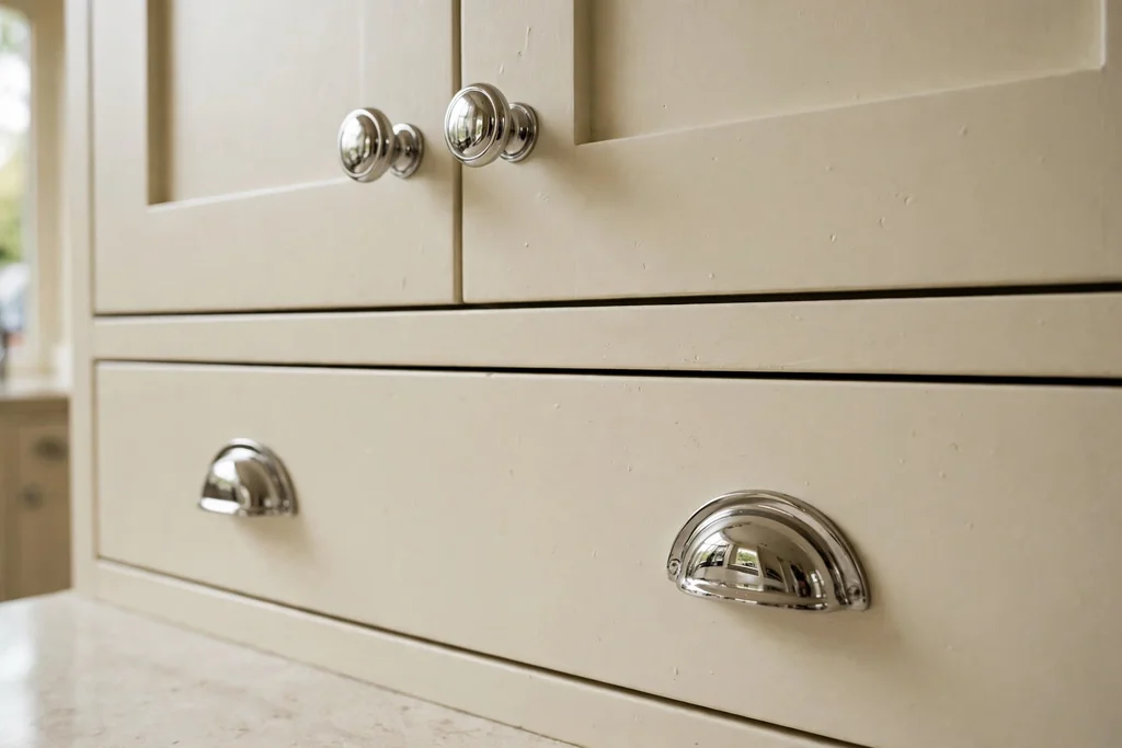 Close view of chrome cup pulls and round knobs on simple cream kitchen cabinets.