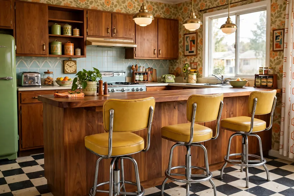 Warm wood breakfast bar with chrome swivel stools with vinyl seats.