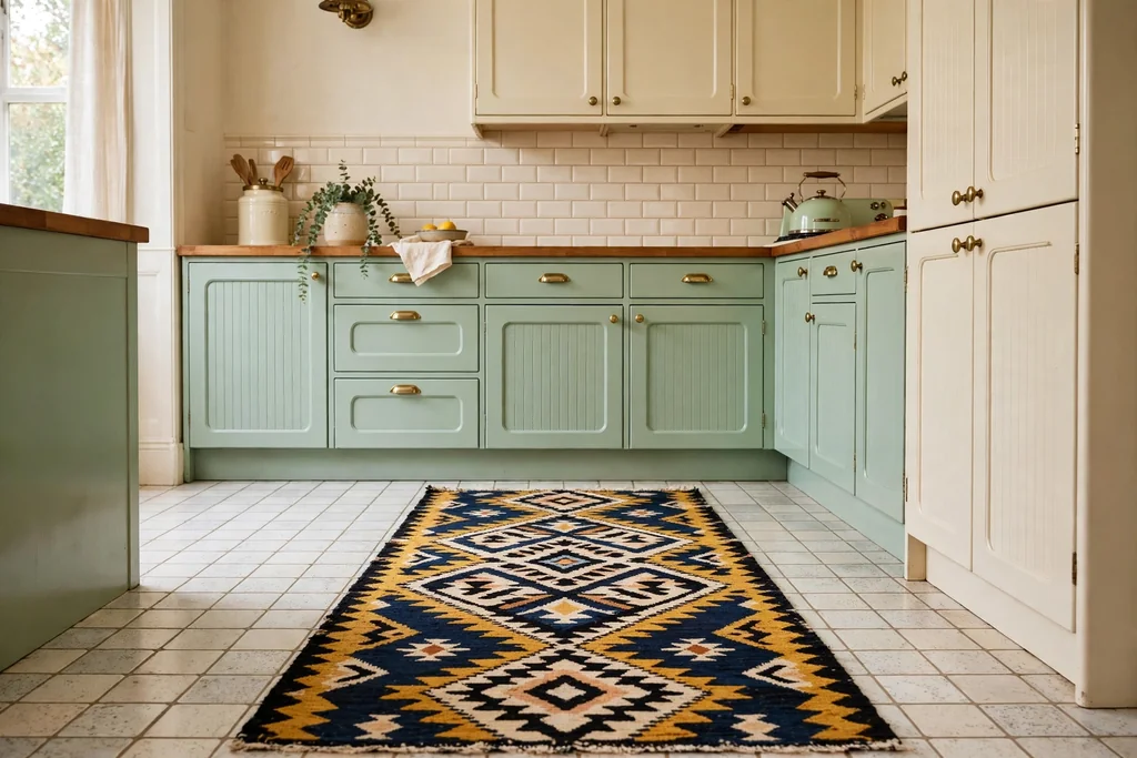Bold patterned runner rug on a tile floor in front of retro kitchen cabinets.
