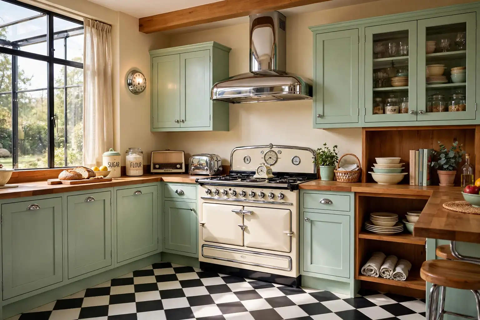 Wide warm retro kitchen with a cream 1950s-style range, mint cabinets, a black and white checkerboard floor, and chrome details in daylight.