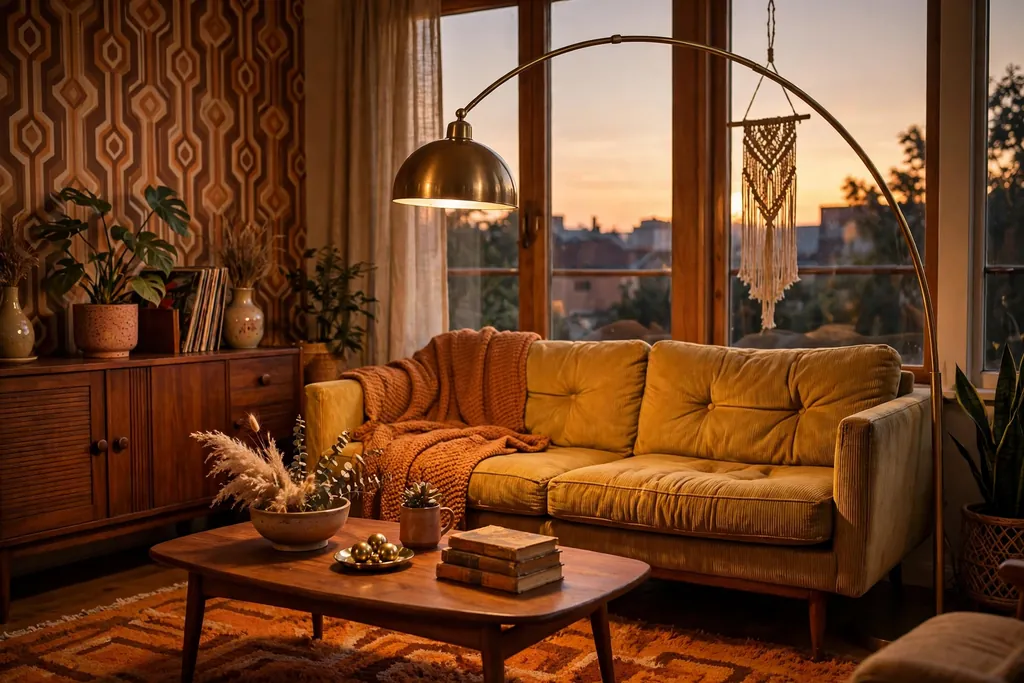 Brass arched floor lamp curving over a sofa and coffee table in warm light.