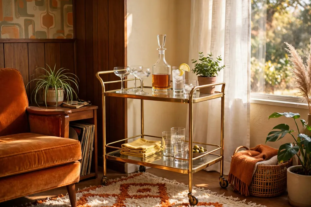 Brass and glass bar cart in a corner holding glasses, a decanter, and a small plant.