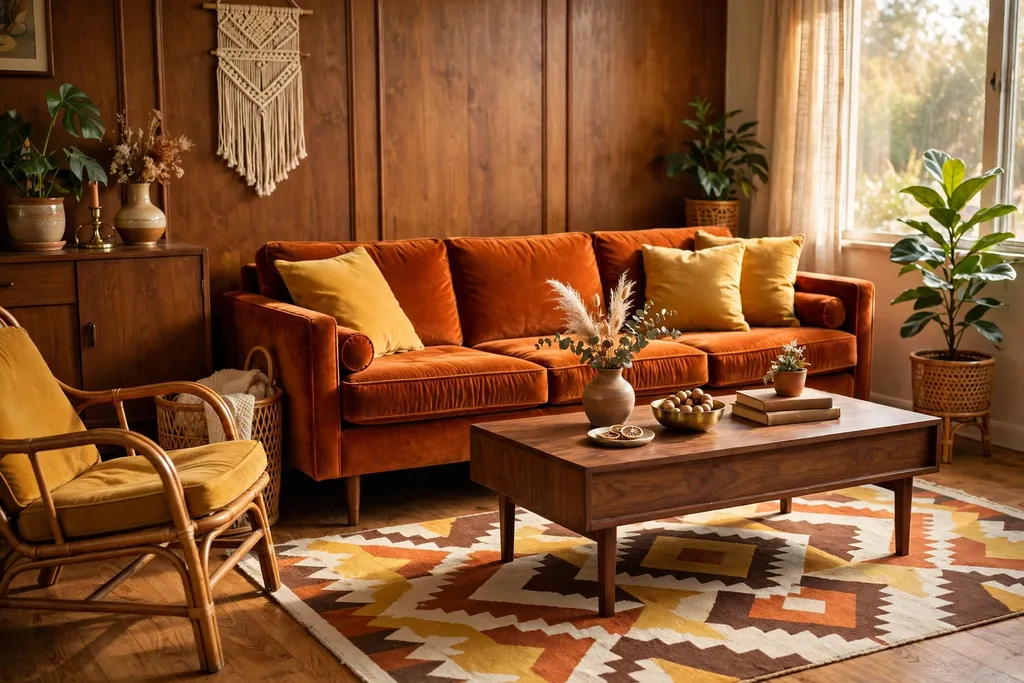 Retro living room with a low burnt orange velvet sofa, mustard cushions, and a walnut coffee table.