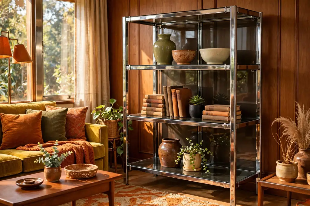 Chrome and smoked glass shelves holding ceramics, books, and a small plant.
