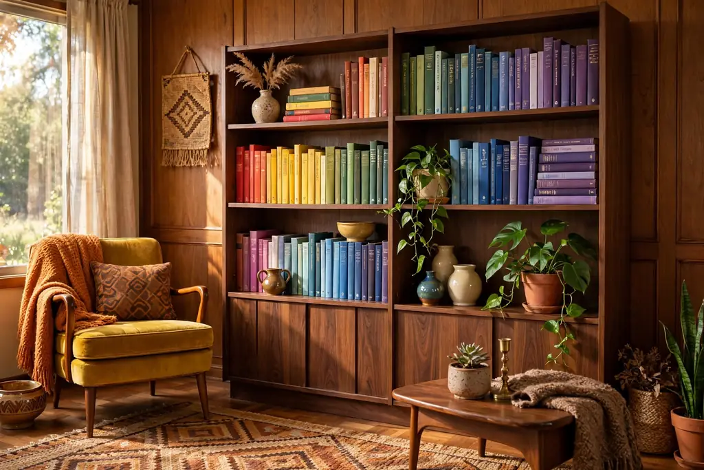 Walnut bookshelf styled with books grouped by color, ceramics, and a plant.