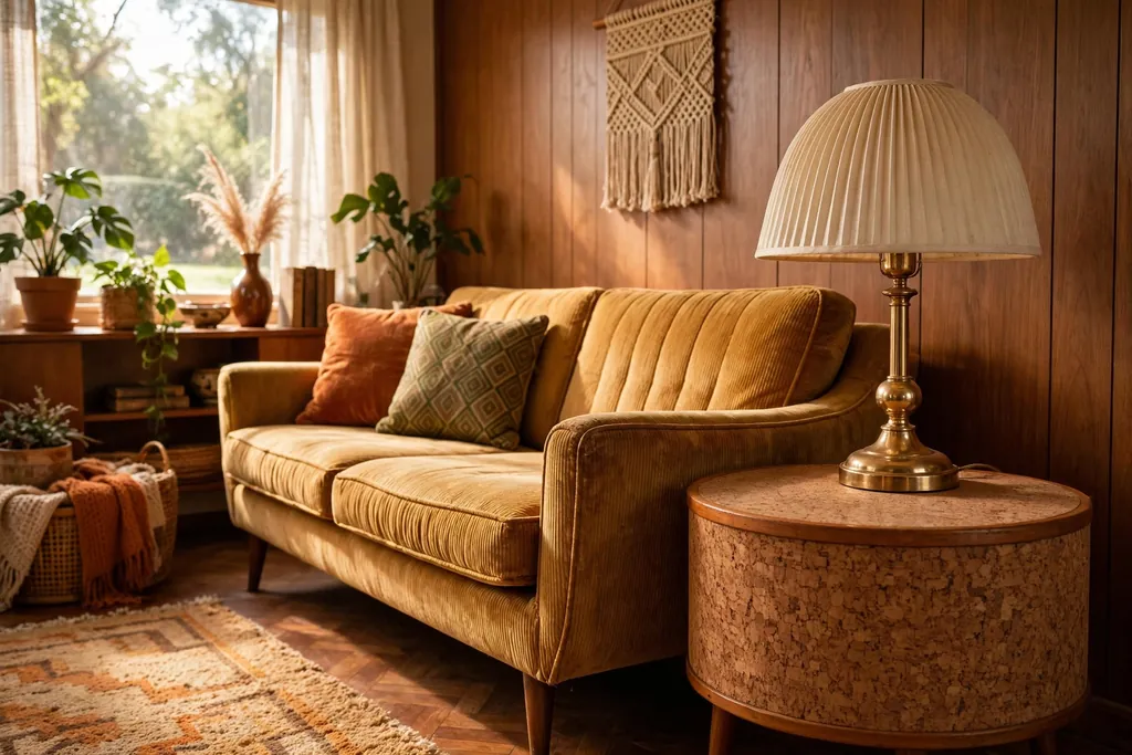 Round cork side table with a brass lamp beside a sofa.