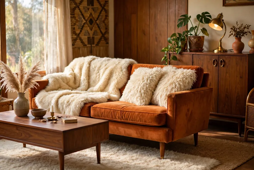 Sofa with a cream faux fur throw and shag cushions beside walnut furniture.
