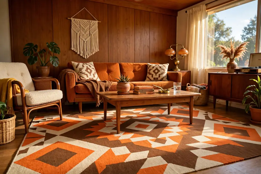 Bold geometric rug in orange, brown, and cream under a sofa and coffee table.