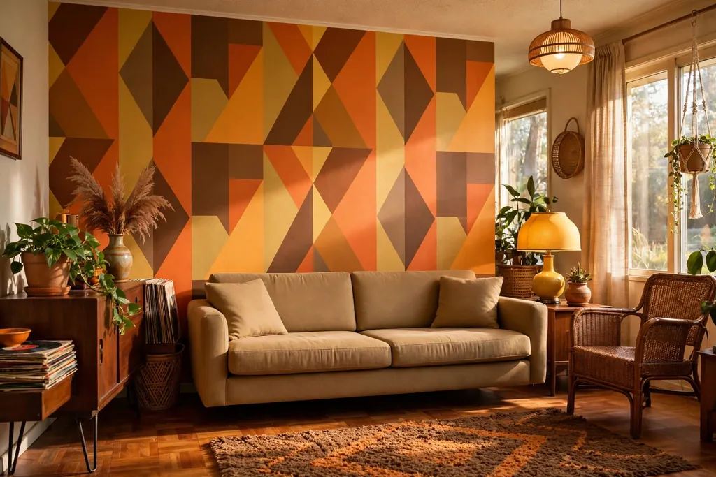 Accent wall in bold geometric wallpaper in orange, mustard, and brown with a plain sofa.