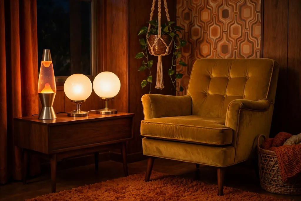 Evening corner with a glowing lava lamp and globe lamps beside an armchair.