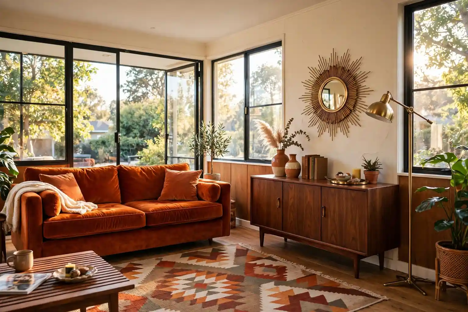 Wide retro living room with a burnt orange velvet sofa, walnut sideboard, geometric rug, sunburst mirror, and brass floor lamp.
