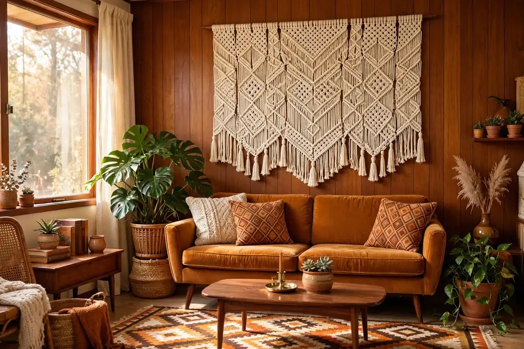 Large cream macrame wall hanging above a sofa with plants beside it.