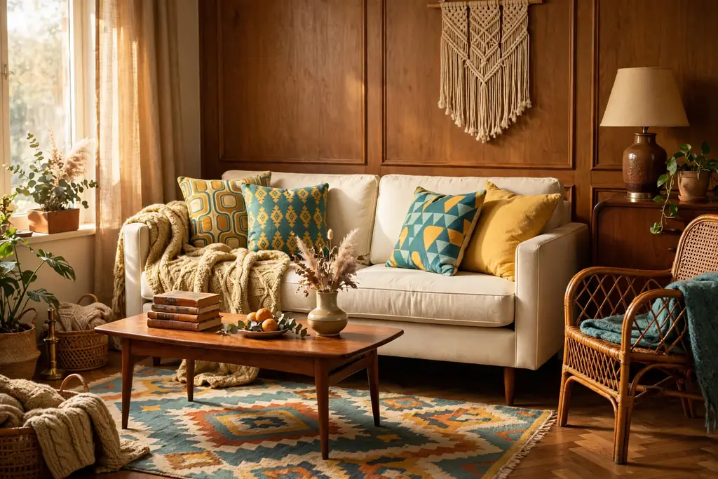 Plain cream sofa with mustard and teal patterned cushions and a wool throw.