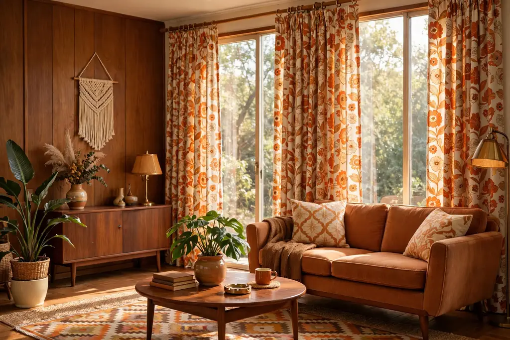 Tall windows with patterned curtains in a retro floral print in orange and cream.