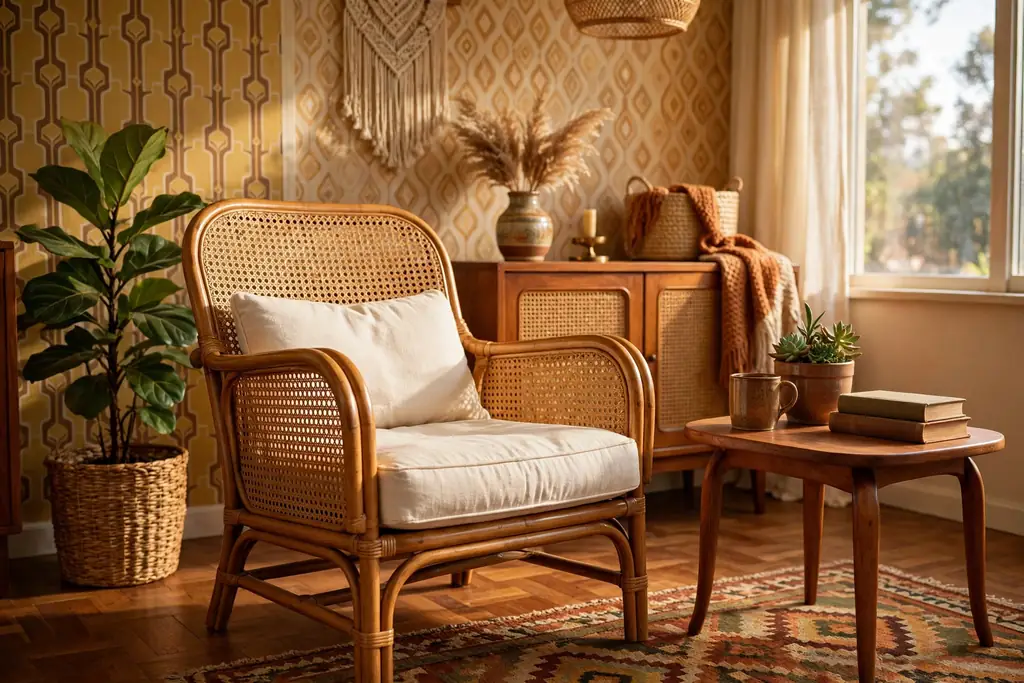 Rattan and cane armchair with a cream cushion beside a plant and side table.