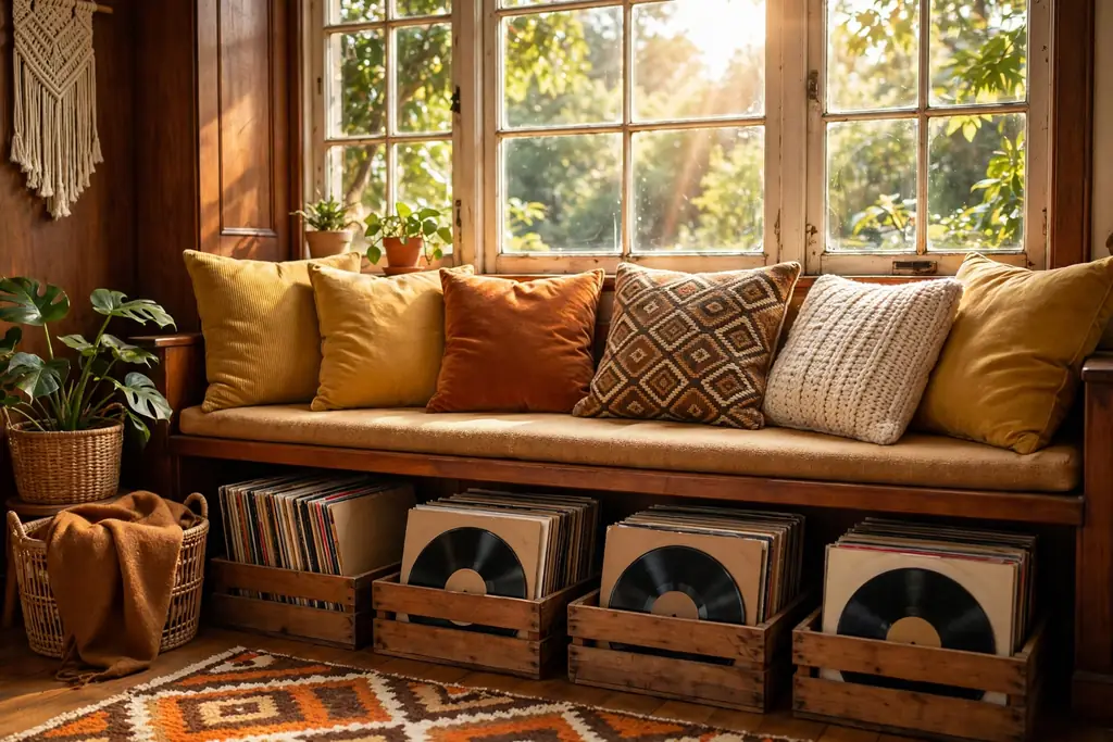 Window bench with vinyl records in crates underneath and cushions on top.