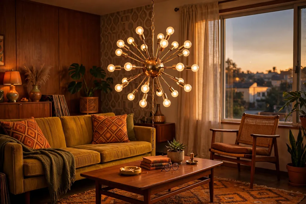 Brass sputnik pendant light hanging over a coffee table in warm evening light.